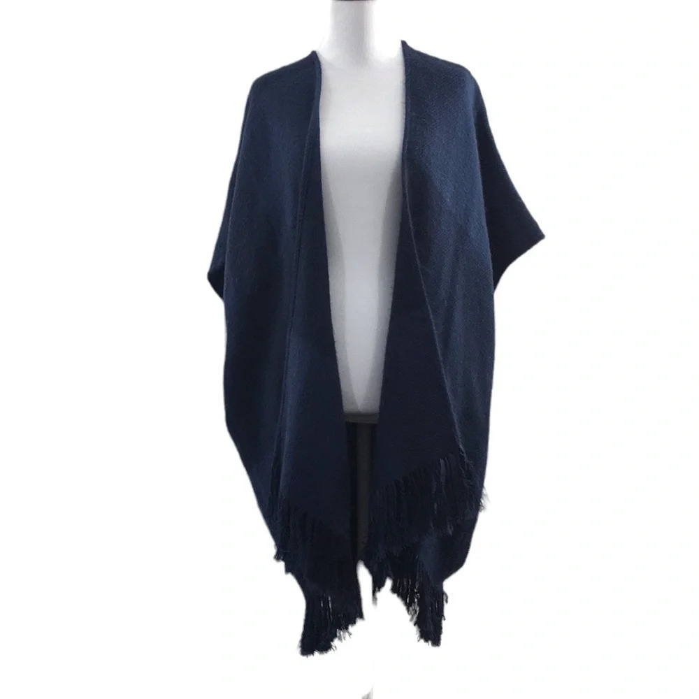LOFT‎ Blue Plaid Knit Fringe Hem Shrug Sweater Womens XS/Small Open Front